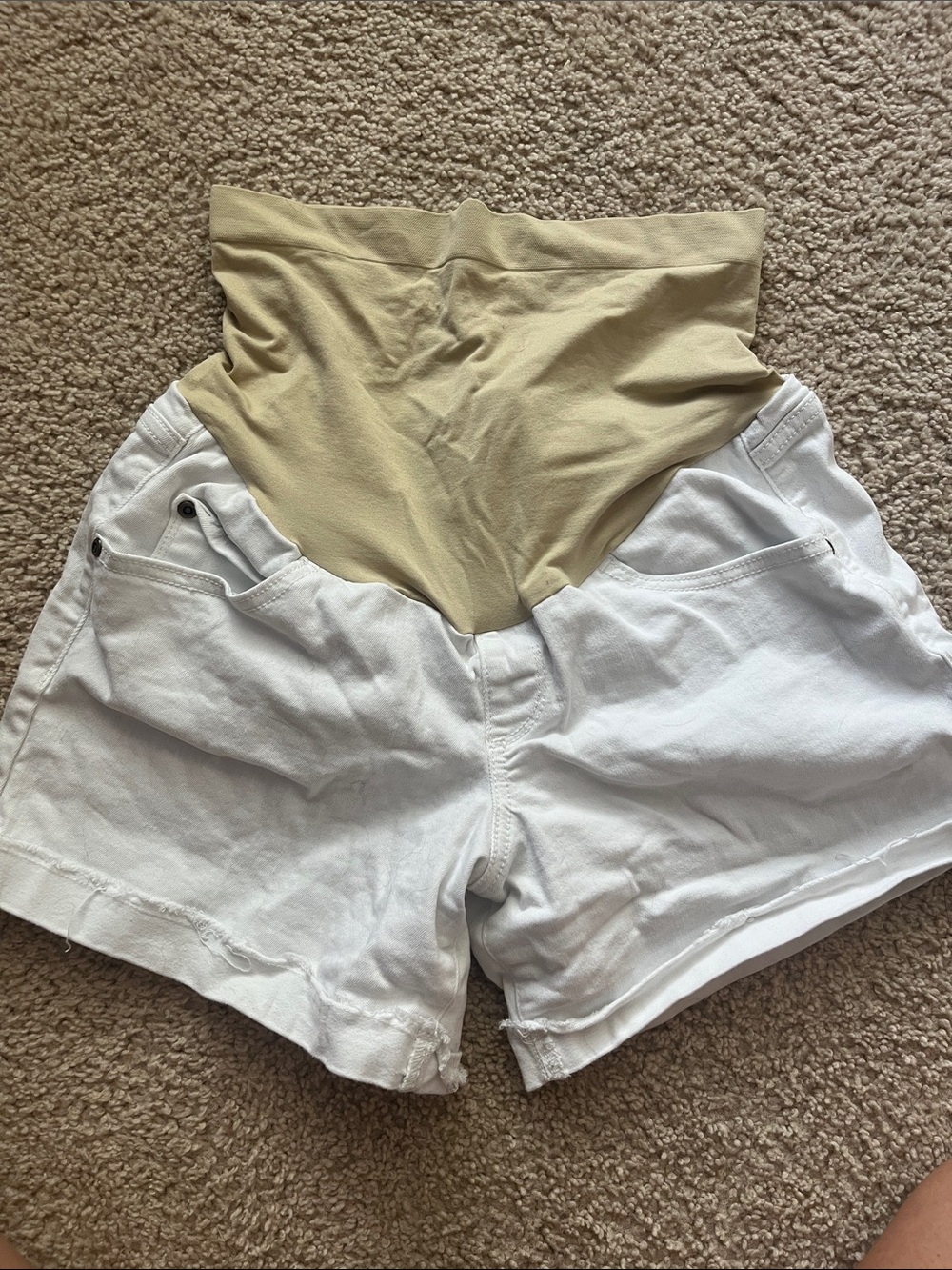 a:glow White Jean Maternity Shorts with Beige Support Panel